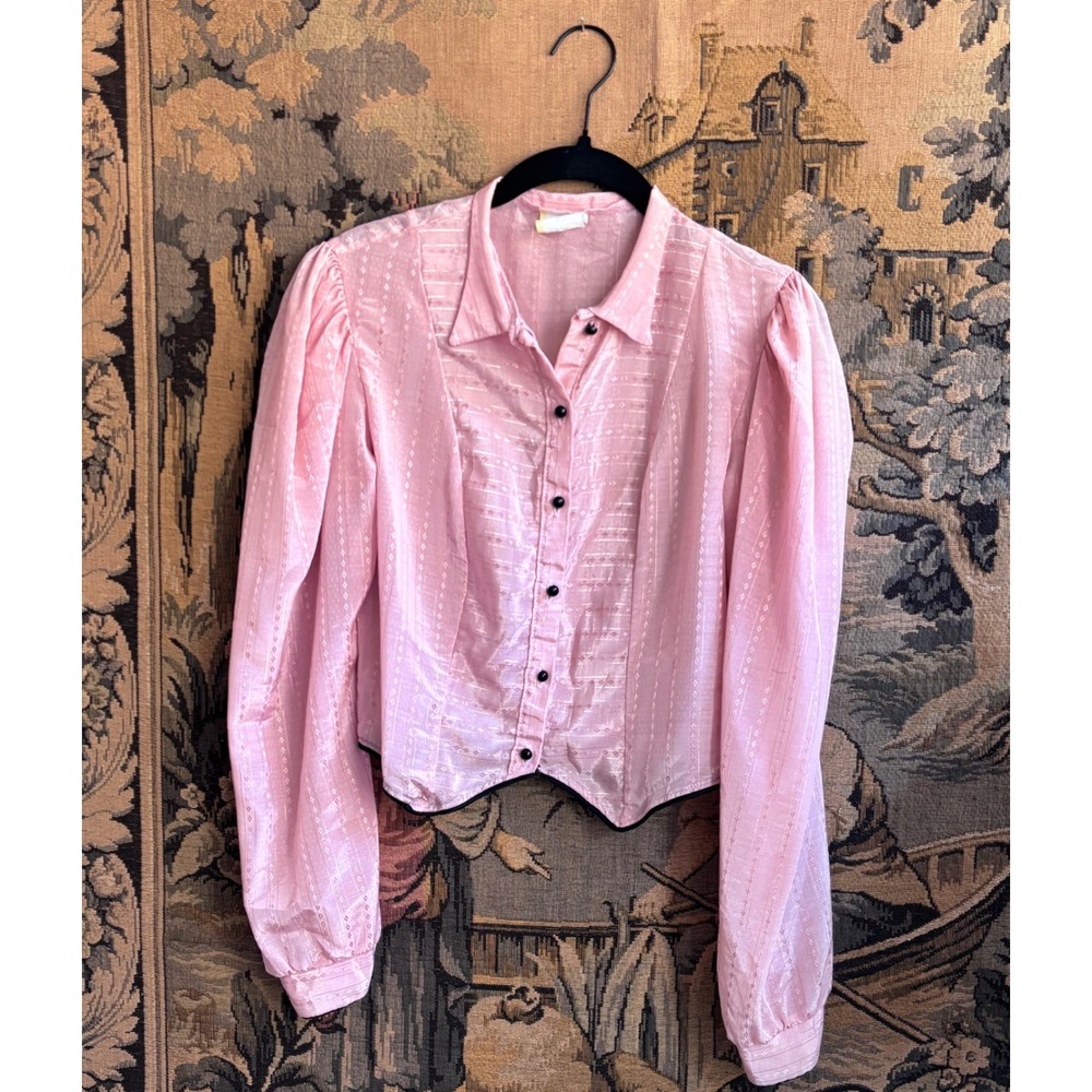 Vintage 70s prairie style Pink Cropped lurex thread Blouse Black Trim Button up - Picture 6 of 7